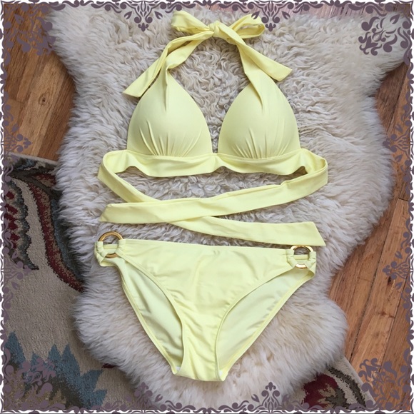 Other - Yellow Padded Halter Tie Bikini w/ Gold Ring Btms